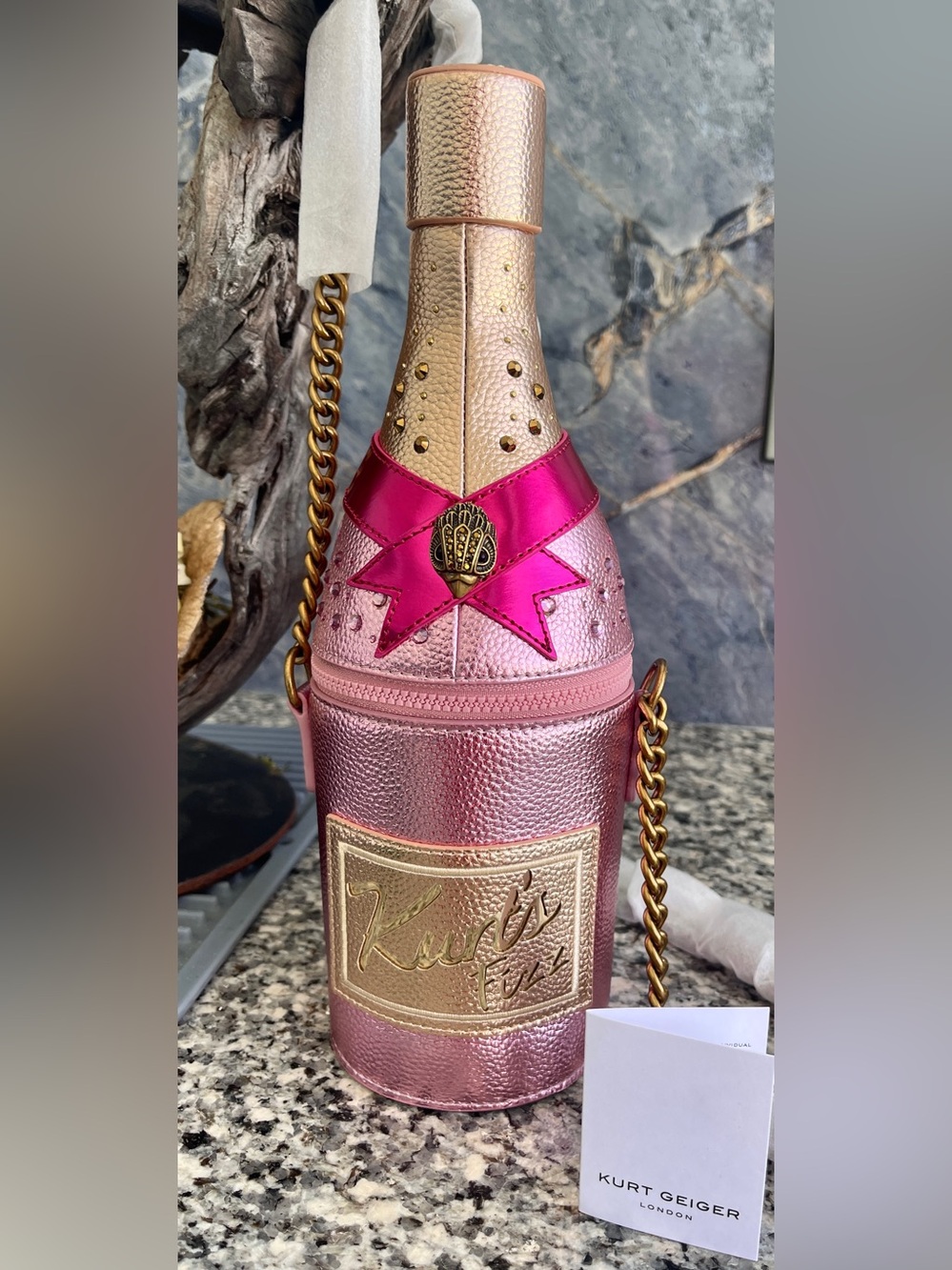 Kurt Geiger Champagne Bottle Crossbody Purse Pinks & Gold PU Leather/Dust BagNWT - Picture 14 of 17